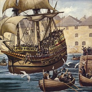 Westward Ho! Loď Mayflower opouští Plymouth Ho 16. září 1620 (barevná litografie)