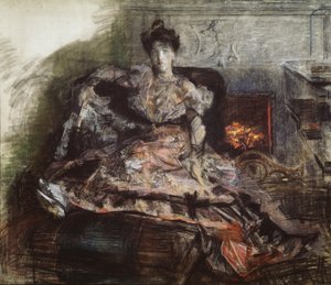 Po koncertě. Portrét N. Zábely-Vrubel u krbu v šatech navržených Vrubelem, 1905 od Mikhail Aleksandrovich Vrubel