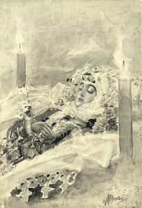 Tamara v rakvi. Ilustrace k básni Démon od Michaila Lermontova, 1890-1891 od Mikhail Aleksandrovich Vrubel