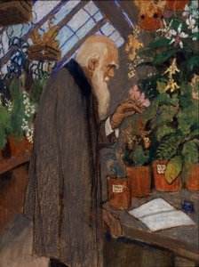 ""Portrét vědce Charlese Roberta Darwina (1809-1882) zkoumajícího rostliny ve skleníku Langdon-Down"" Obraz Michaila Dmitrieviče Ezuchevského (1880-1928) 1920 Státní Darwinovo muzeum, Moskva