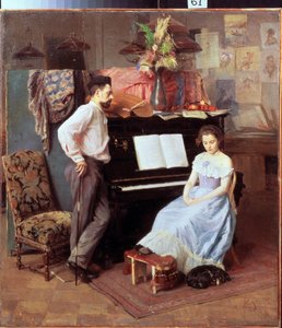 ""Umělec a jeho žena"" Mladá žena se sklopenýma očima sedí u klavíru pod pohledem svého manžela. Obraz Michaila Ignatieva (1870-1934) kolem roku 1900 Oblastní galerie umění, Vologda od Mikhail Ignatiev