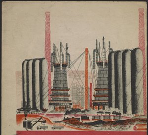 Illustration du livre pour enfants ""Combinat metallurgique Kuznets: un geant socialiste"" - Ilustrace pro dětskou knihu ""Kuznets Metallurgical Combine: Socialist Giant"", od Gureviče, Michaila Lvoviče (1904-1943). Barevná litografie od Mikhail Lvovich Gurevich
