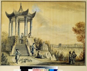 Pavilon Grand Caprice v parku Catherine v Tsarkoye Selo. Dílo Michaila Matveeviče Ivanova (1758-1823), akvarel a křída na papíře, konec 18. století. Ruské umění 18. století. Ins
