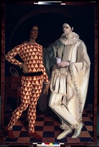 Harlekýn a Pierrot (Autoportréty, v kostýmech z Comedia dell Arte) - Harlekýn a Pierrot (Autoportréty) - Malba Alexandra Jevgenjeviče Jakovleva (Alexandre Iacovleff) (1887-1938), olej na plátně