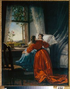 Návštěva nemocných (Visiting the Sick) žena zastrčí malou holčičku na sedadlo, instalované u okna - Obraz Michaila Petroviče, Baron Klodt (1835-1914), olej na mědi od Mikhail Petrovich Klodt