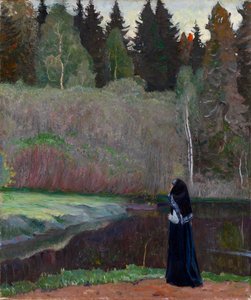 "Le chant du rossignol"" (Slavík zpívá) Jeptiška naslouchající ptačímu zpěvu - Obraz Michaila Vasiljeviče Nesterova (1862-1942) 1918 Rozměr 81x68,5 cm Soukromá sbírka od Mikhail Vasilievich Nesterov