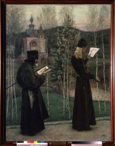 Zvony zvoní (Ringing the Bells). Dva mniši čtoucí při chůzi míří ke kostelu v pozadí. Obraz Michaila Vasiljeviče Nesterova (1862-1942), olej na plátně od Mikhail Vasilievich Nesterov