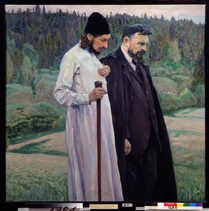Filosofové. Sergej Boulgakov (1871-1944) a Pavel (Paul) Florenskij (1882-1943). (Filozofové. Sergej Bulgakov a Pavel Florenskij). Obraz Michaila Vasiljeviče Nesterova (1862-1942), olej na plátně