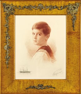 Portrét následníka trůnu careviče Alexeje Nikolajeviče Ruska s remarkovým vyobrazením císařské jachty , 1913 od Mikhail Viktorovich Rundaltsov