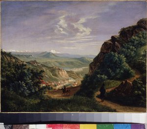 Pohled na Pjatigorsk, Rusko (Pohled na Pjatigorsk). Obraz Michaila Jurijeviče Lermontova (1814-1841), olej na plátně