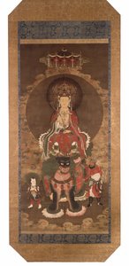 Bódhisattva Maňdžusrí na lvu, konec 14. století (tuš, barva a zlatý pigment na hedvábí) od Ming Dynasty Chinese School