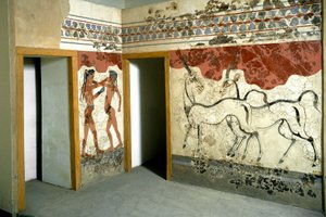 Minojské umění: “”boj zvířat a bojovník””” Freska z Akrotiri na Santorini. 16. století před naším letopočtem. Athény, Národní archeologické muzeum od Minoan