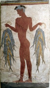 Minojské umění: “” pecheur”” Freska z Akrotiri do Santorini. 16. století před naším letopočtem. Athény, Národní archeologické muzeum
