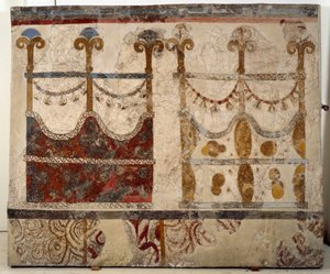 Minojská civilizace: reprezentace dvou portálů (Ikria). Freska z lustrální pánve budovy Xeste 3 v Akrotiri (Thera), Santorini
