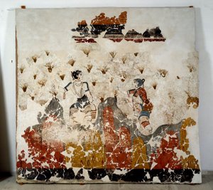 Minojská civilizace: ženy sbírají šafrán. Freska z lustrální pánve Xeste 3 v Akrotiri (Thera), Santorini. Ztlumit. 244x266 cm 16. století př. n. l. Santorini, sbírka fresek Akrotiri a Thera