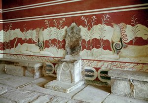 Minojská civilizace: pohled do trůnního sálu paláce krále Minose a Cnossos (Knossos). Kréta - minojská civilizace: pohled do trůnního sálu paláce krále Minose v Knossu. Kréta, Řecko od Minoan