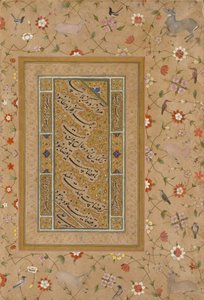 Stránka z alba Late Shah Jahan: Perská kaligrafie orámovaná okrasným okrajem květin a ptáků od Mir 