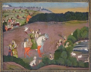 Baz Bahadur a Rupmati loví jestřáby. Kolem roku 1735