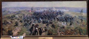 Rusko-turecká válka: Bitva u Gorniho Dubníku, 24. října 1877 (bitva u Gorniho Dubníku 24. října 1877). Obraz Mitrofana Borisoviče Grekova (1882-1934), olej na plátně