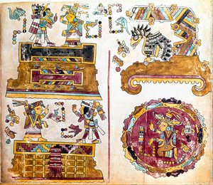 Mixtécká civilizace: Mixtécký kodex s ilustracemi každodenních činností - Předkolumbijské umění, smíšená civilizace: scenes de vie quotidienne - Detail kopie Codexu Vindobonensis neboli vídeňského kodexu zaslaného Hernanem Cortesem Karlu V. v roce 1519 - M