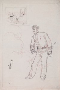 Přípravná kresba pro dřevotisk zobrazující japonského námořního důstojníka během čínsko-japonské války od Mizuno Toshikata