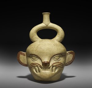 Nádoba ve tvaru kočičí hlavy, AD 100-800 (hliněné nádobí se skluzem) od Moche Moche