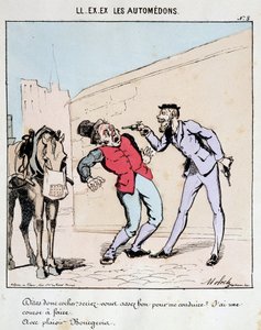 ON. EX. EX. Motoredons: Cartoon dopravy ve městě. Buržoazie zdvořile požádá kočího, aby ho řídil, a přitom mu vyhrožoval zbraněmi. Kresba Molocha (1849-1909), kolem roku 1860. od Moloch