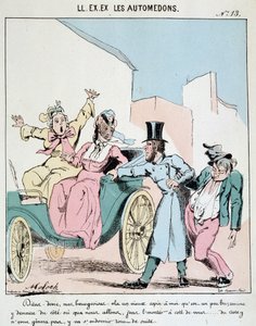 ON. EX. EX. Motoredons: Cartoon dopravy ve městě. Kočí vezme opilého přítele do kočáru vedle dvou zděšených měšťanek. Kresba Molocha (1849-1909), kolem roku 1860. od Moloch