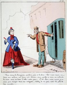 ON. EX. EX. Motoredons: Cartoon dopravy ve městě. Kočí kárá měšťanku, která jde do parku, zatímco její manžel požádal řidiče, aby ji odvezl na jiné místo. Kresba Molocha (1849-1909), kolem roku 1860. od Moloch