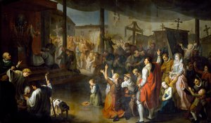 Hlasování občanů hrabství Carmarthenshire o ukončení moru v roce 1630 od Moneta Jr. Sleet