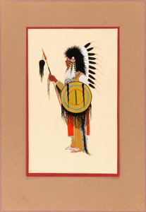 Cheyenne Warrior v péřové čelence se štítem, ca. 1915-1937.