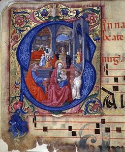 Ms 543 f.114v Historická iniciála „S“ s trůnící Madonou a dítětem, z žaltáře, kolem 1515 (vellum)