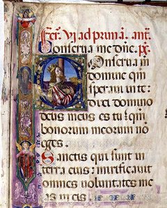 Ms 543 f.1r Historická iniciála „C“ zobrazující krále Davida, ze žaltáře „D“, kolem 1515 (vellum)