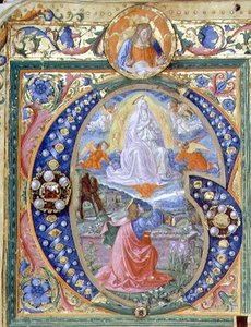 f.106v Historická iniciála „G“ s Nanebevzetím Panny Marie z misálu (vellum)