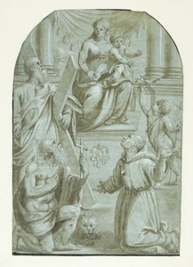 Marie s trůnícím dítětem Ježíšem, obklopená apoštolem Ondřejem, Janem Křtitelem v dětství, svatým Jeronýmem a svatým Františkem z Assisi od Moretto da Brescia