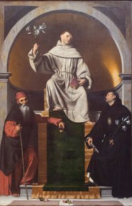 Svatý Antonín Paduánský mezi svatým Antonínem Velikým a Mikulášem z Tolentina od Moretto da Brescia