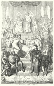 Sangerkrieg, soutěž mezi pěvci na hradě Wartburg v Durynsku v roce 1207 (rytina) od Moritz Ludwig von (after) Schwind