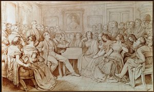 Skladatel Franz schubert doprovází tenoristu Johanna Michaela Vogla na hudebním večeru v Baron von Spaun (Kresba od Moritz Ludwig von Schwind