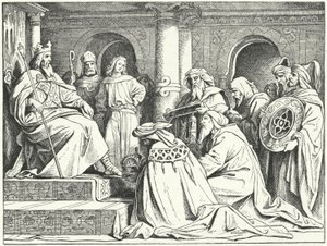 Vyslanci chalífy Harúna al-Rašída přinášející dary císaři Karlu Velikému, 802 (rytina)