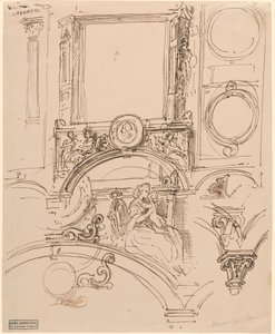 Architektonické detaily nástěnné dekorace s císařovnou Marií Terezií v objetí mladého Wolfganga Amadea Mozarta od Moritz Ludwig von Schwind