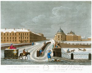 Pohled na kanál Fontanka a kasárna, ilustrace k listopadu z roku Rok v Petrohradě lept John H. Clark, koloroval M. Dubourg. hospoda. 1815 v Londýně Edwardem Ormeem (barevná lit