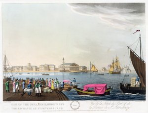 Pohled na Něvu, přístav a burzu v Petrohradě, ilustrace k červnu z 