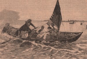 Přechod přes lagunu, obraz od Mose Bianchiho (1836-1892), Chioggia, Veneto, Itálie, dřevoryt z Le cento citta d