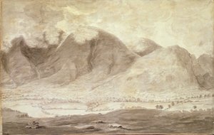 Panoramatický pohled na Derwentwater a údolí Keswick, detail Skiddaw a Keswick, cca 1772 tužka a mytí na papíře viz 92086-88 a 92090-91