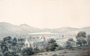 Pohled na jezírko Bala Pool, Llyntagit, z kostela Llanfawr, Meirionethshire