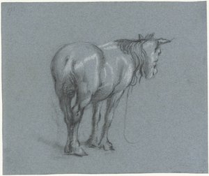 Studie koně zezadu, vpravo Stojící pracanti (název série) od Moses Ter Borch