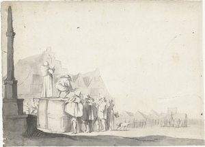 Tržní náměstí s hlasatelem na sudu od Moses ter Borch (possibly)