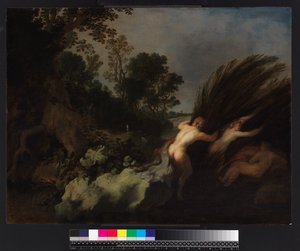 Zalesněná krajina s Panem a Syrinx, před rokem 1648 od Moyses or Moses Matheusz. van Uyttenbroeck