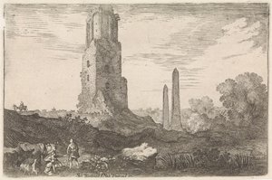 Krajina se dvěma obelisky a „Torre delle Militia“ Arkádské krajiny (název série) od Moyses van Wtenbrouck