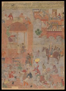 Anushirvan položí základy Ctesiphonu v příznivou hodinu, Manuscript folio, c.1560-1565 (neprůhledný akvarel, inkoust a zlato na látce, upevněno na kartonu) od Mughal School